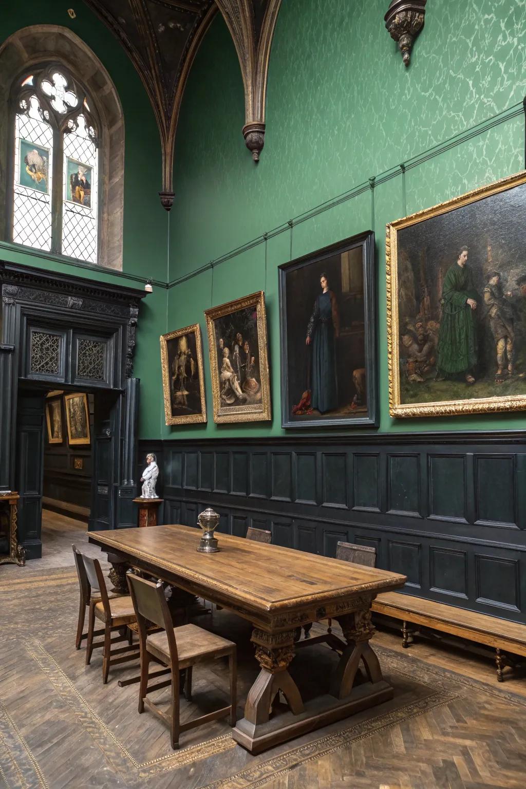 A room adorned in a sumptuous color palette that radiates gothic enchantment.