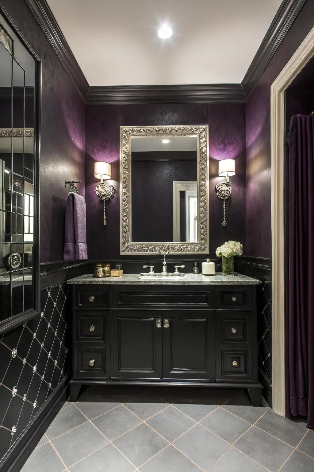 A bathroom enveloped in deep hues, creating a cozy and dramatic ambiance.