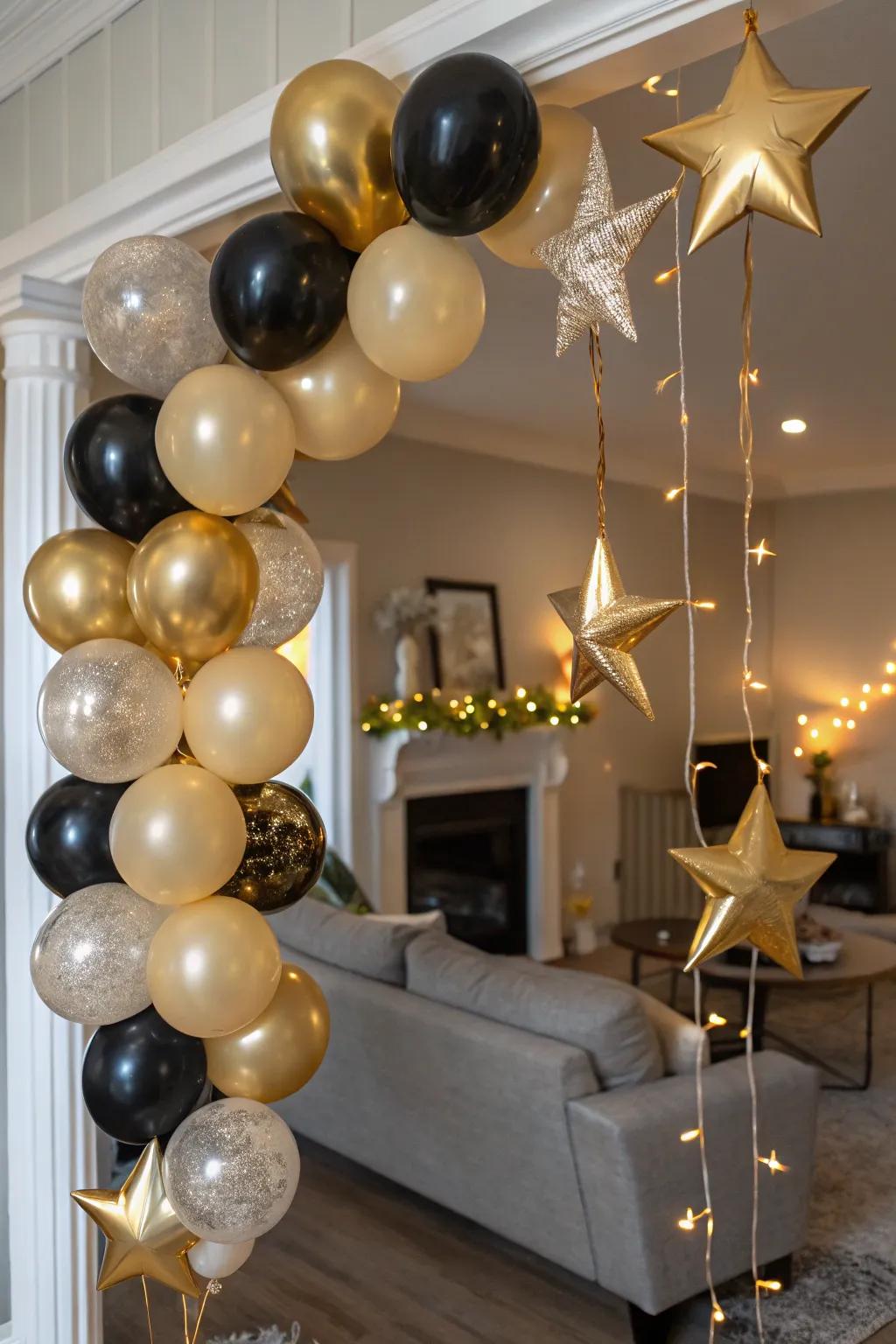 Timeless refinement showcased in a gold and black balloon garland.
