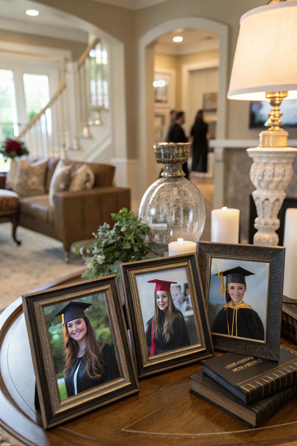 A centerpiece starring framed pictures of the graduate adds a personal, heartfelt dimension.
