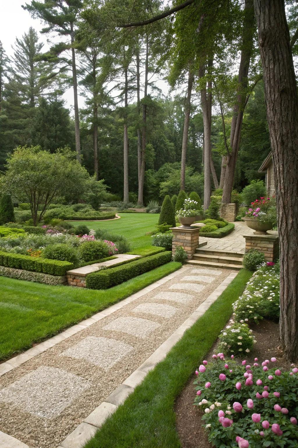 Pebble paths enhance the garden's sophistication and ease of passage.