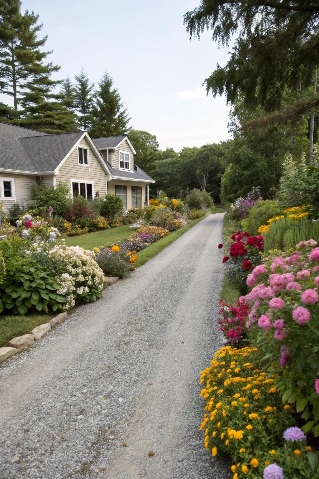 Gravel driveway enhanced by vibrant flower beds.