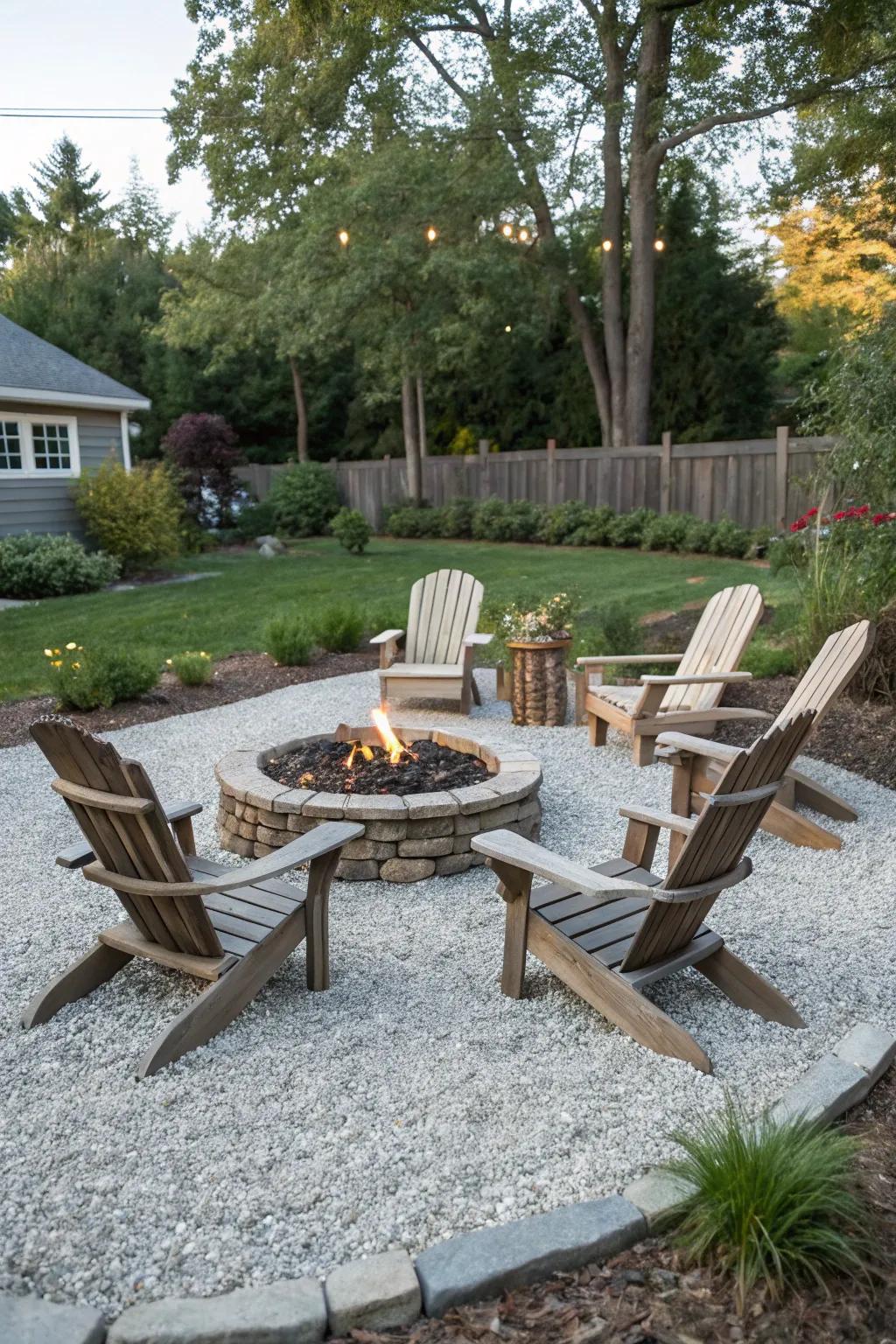 Backyard chairs introduce timeless appeal to any gravel fire pit area.