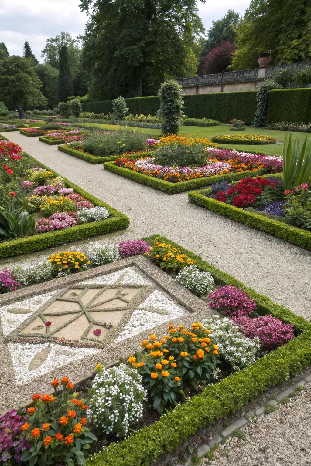 A pebble flower bed showcasing striking geometric patterns