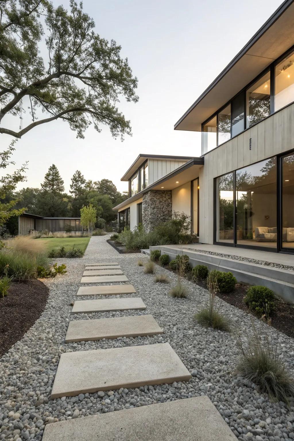 A minimalist front yard featuring pristine gravel paths and contemporary architectural design.