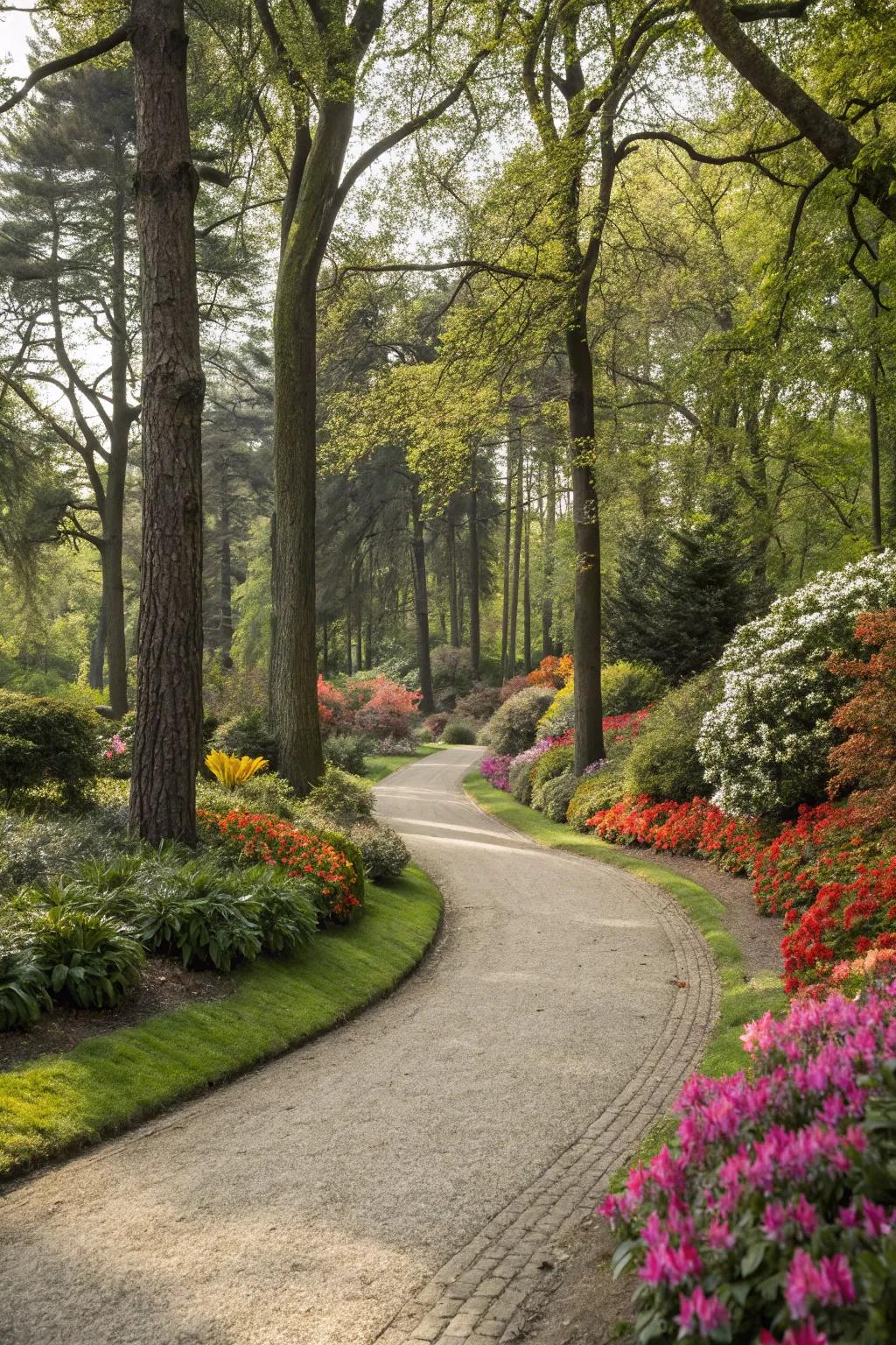 An elegantly curving stone trail meandering through a stunning garden.