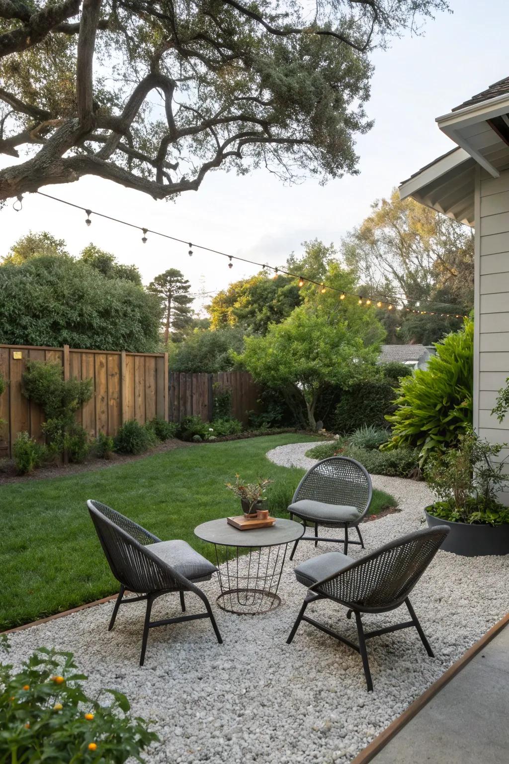 A serene outdoor seating space with gravel, creating an inviting ambiance for relaxation.