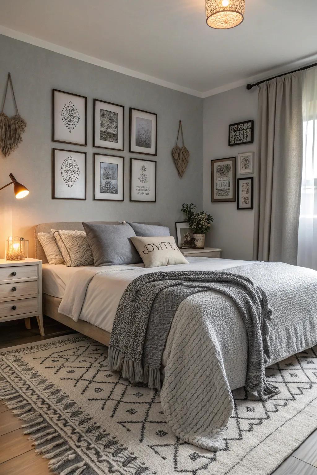 A bedroom artistically superimposes several gray shades for enhanced depth and coziness.