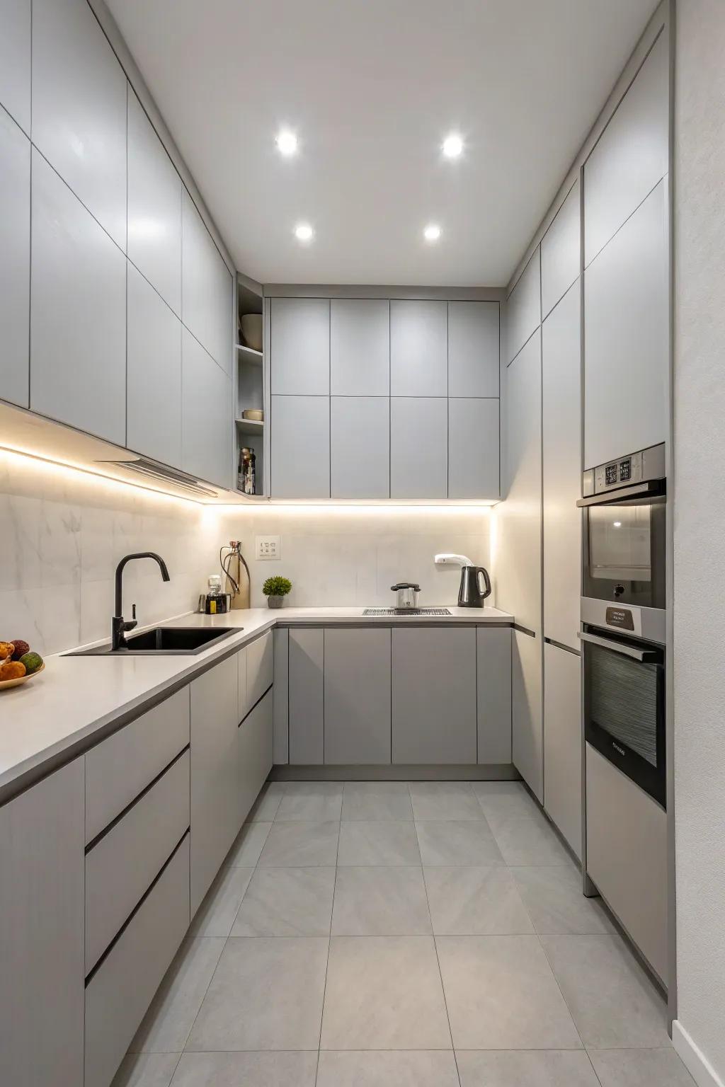 A minimalist kitchen that showcases the sophistication of smooth gray cabinets.
