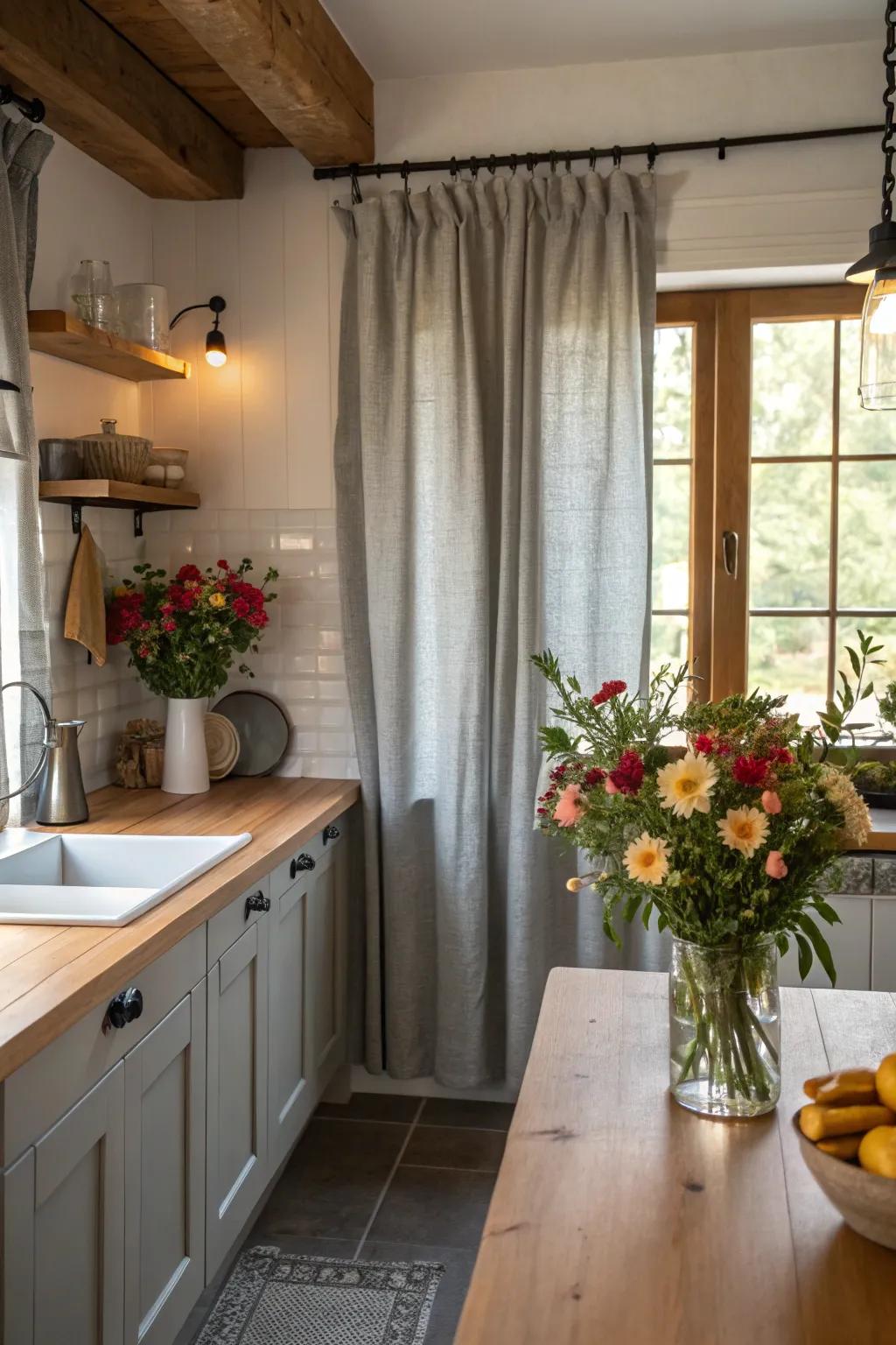 Elegant gray cotton drapes bring sophistication and light into the kitchen.