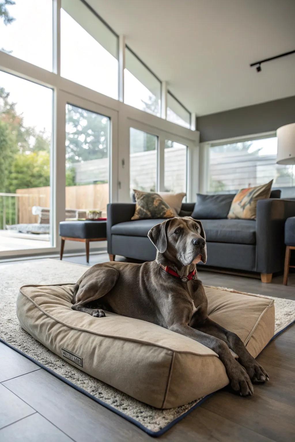 An oversized pillow serves as a comfy and fashionable dog bed for your Great Dane.