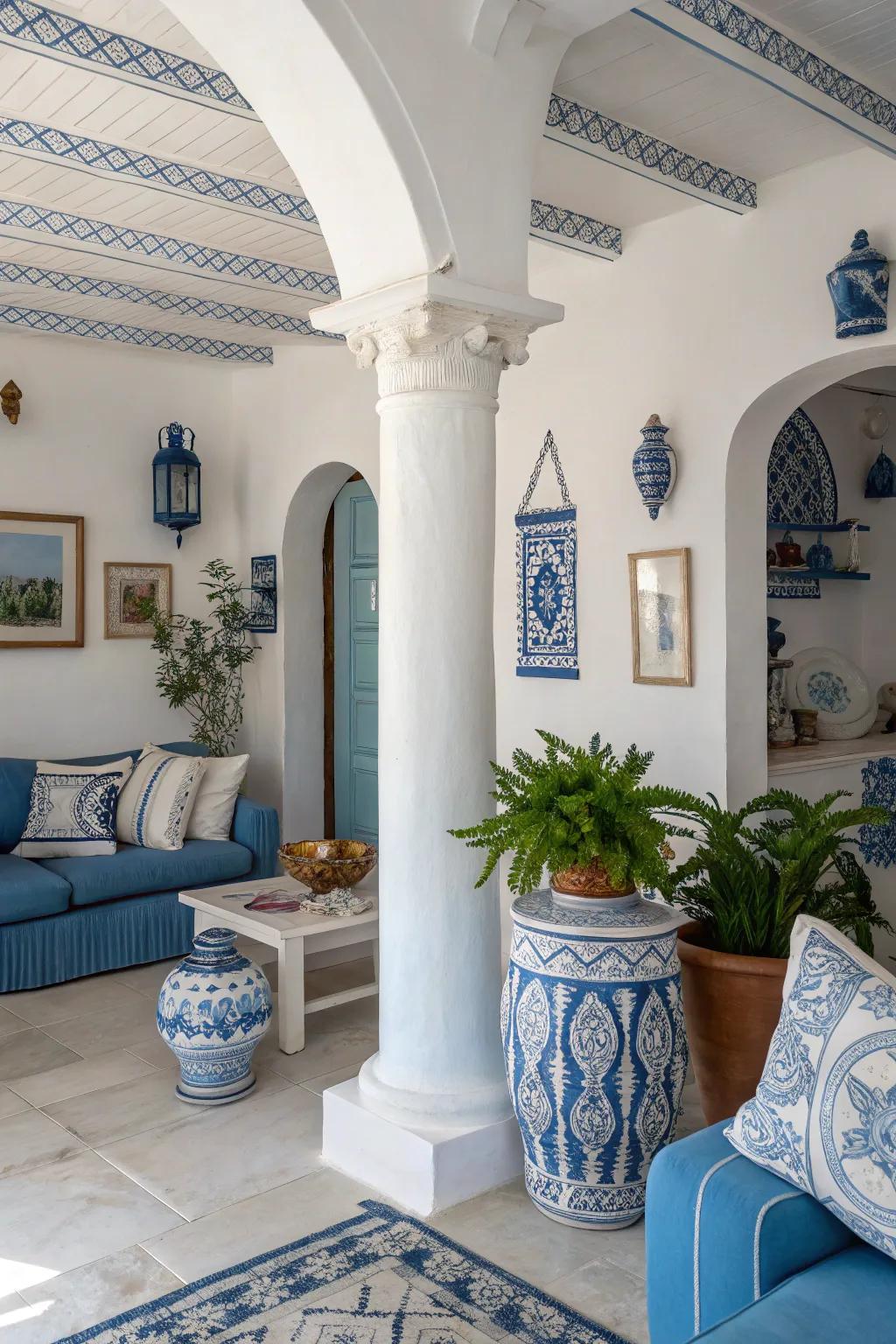 The quintessential blue and white palette cultivates a tranquil and welcoming atmosphere.