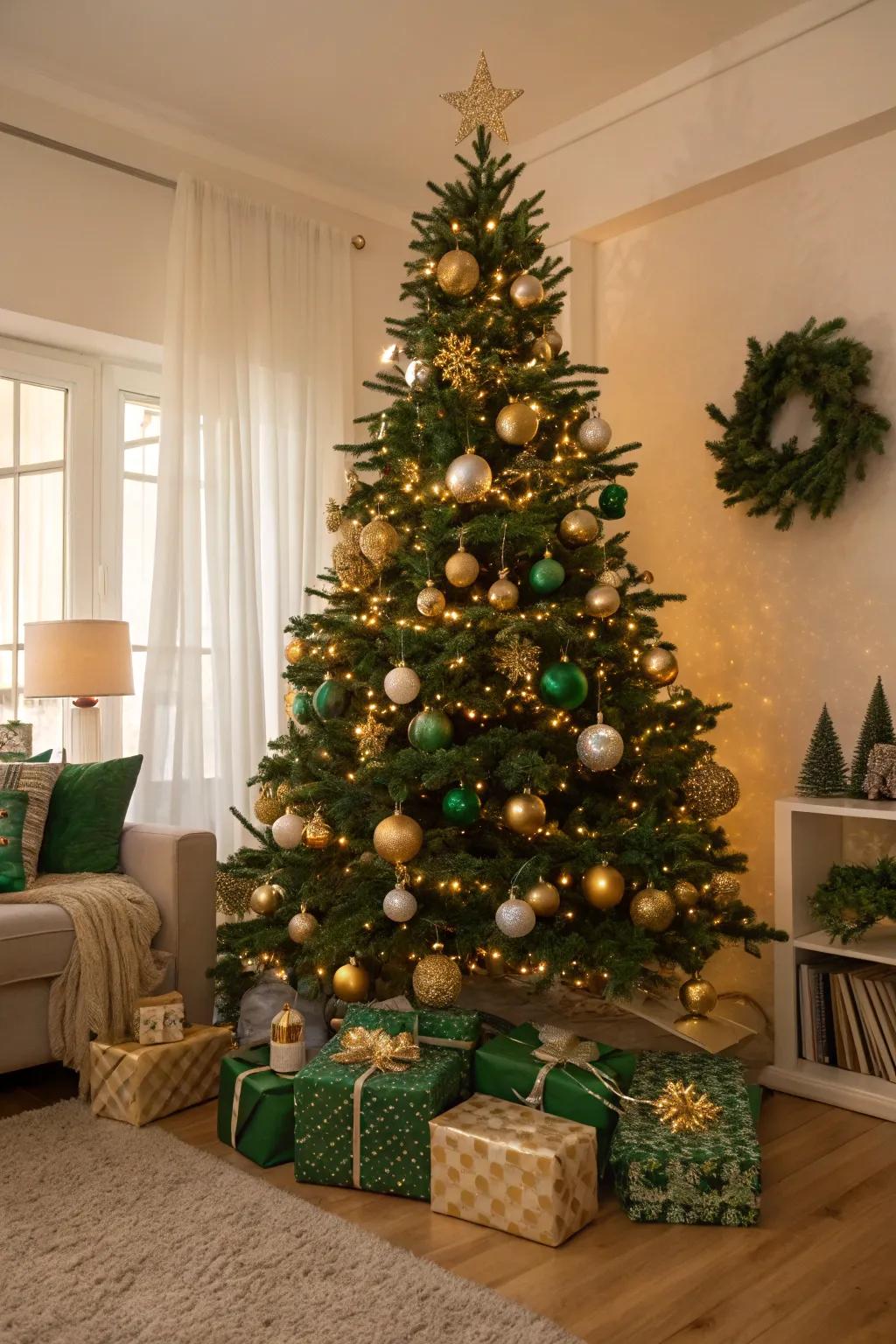Classic green and gold ornaments displayed on a Christmas tree