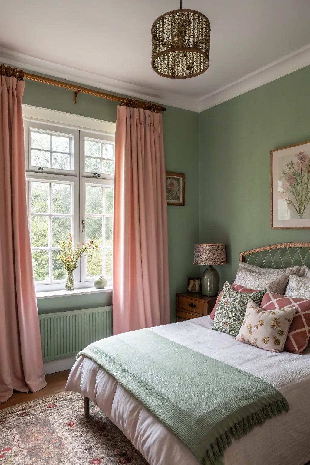 A tranquil and welcoming ambiance created by sage green and soft rose.