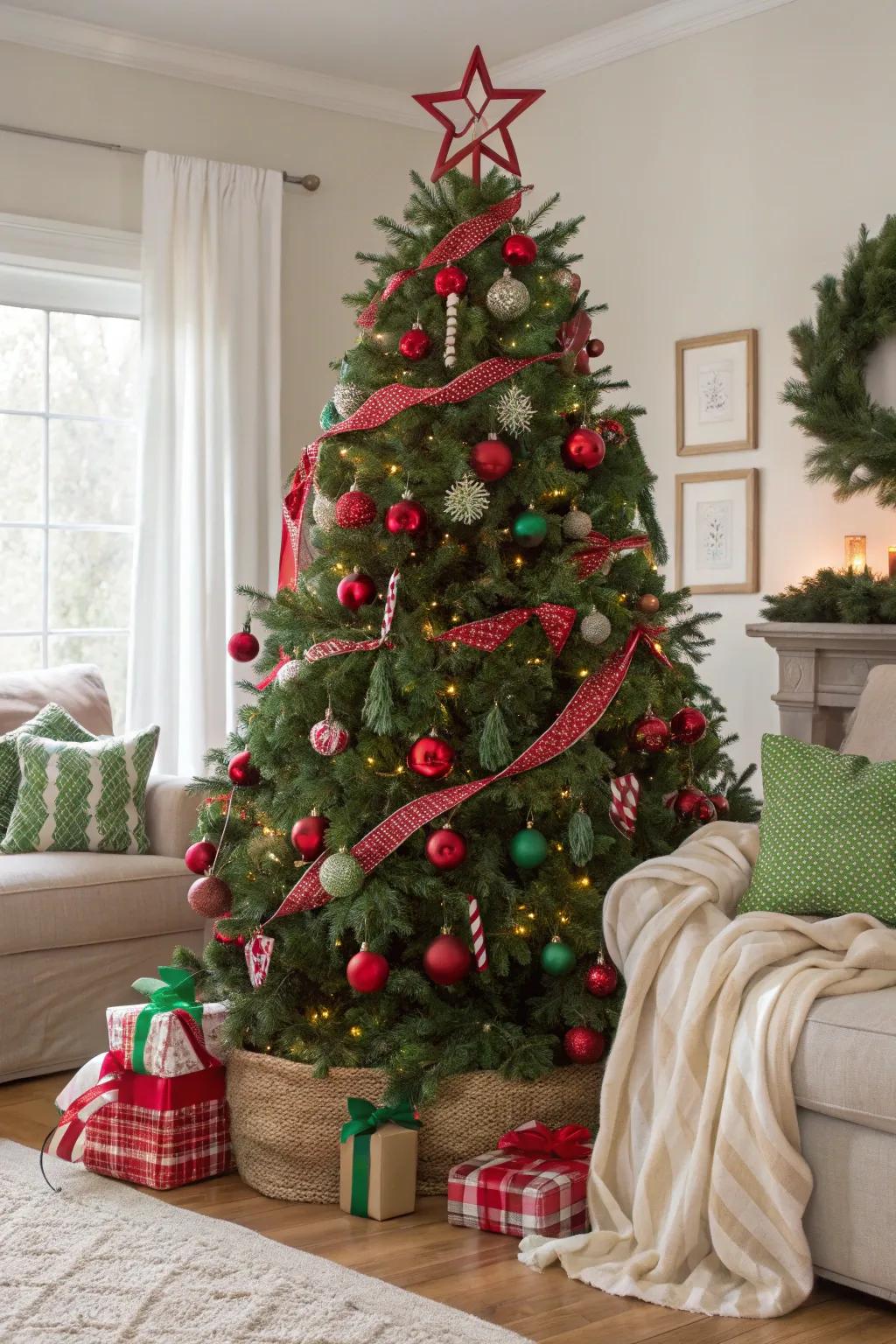 A traditional crimson and emerald Christmas tree showcasing nostalgic decorations.