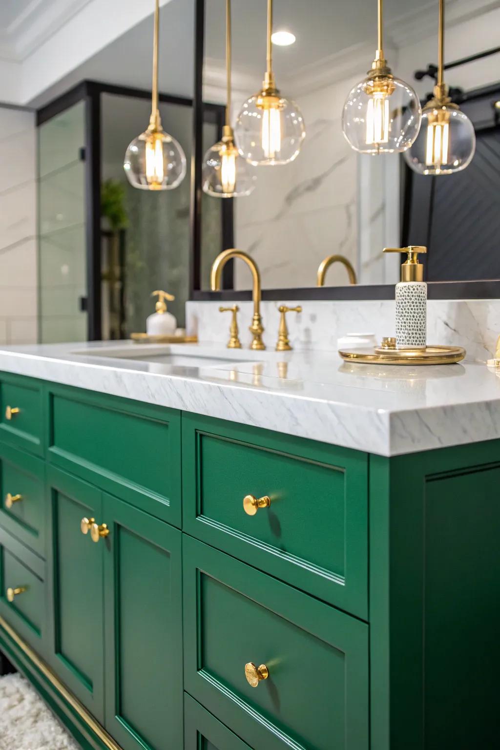 A jade green vanity elevated with lavish gold details.
