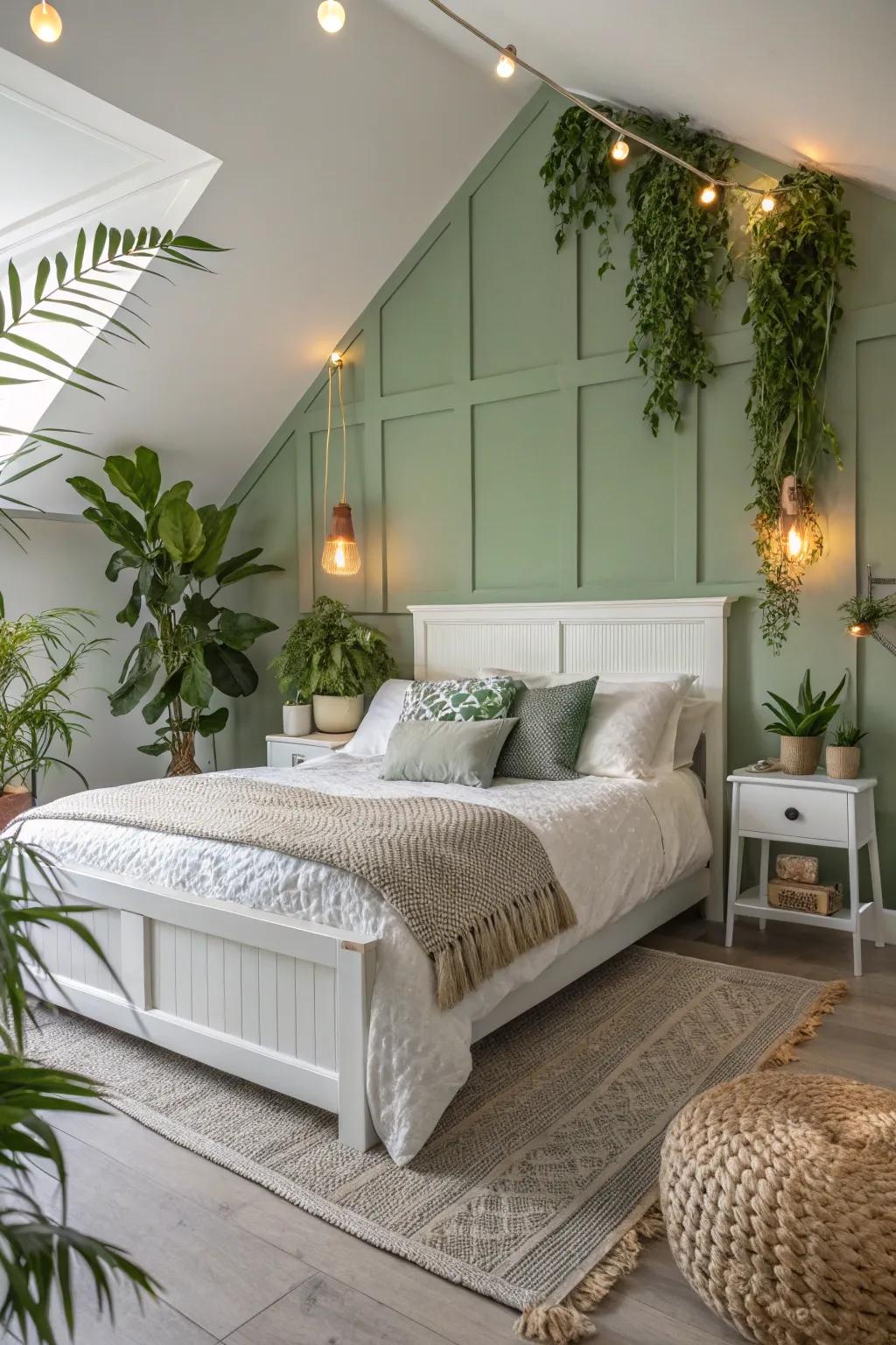 A soft green accent wall provides a tranquil setting in this comfortable bedroom.