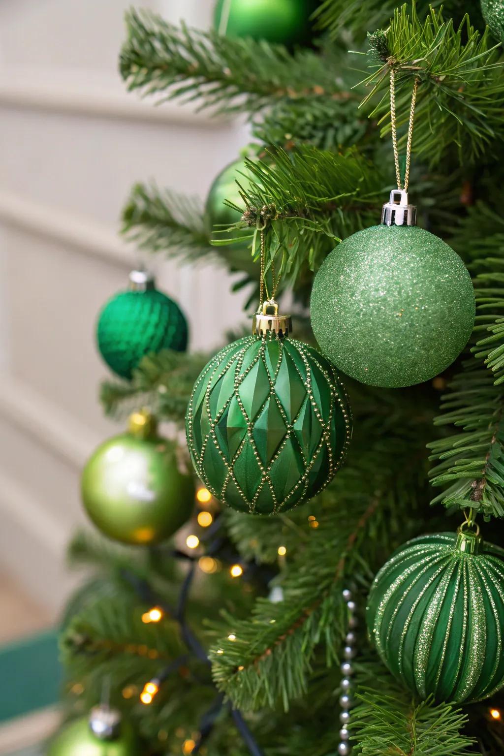 An up-close view showcasing the variety of green ornaments on a Christmas tree.