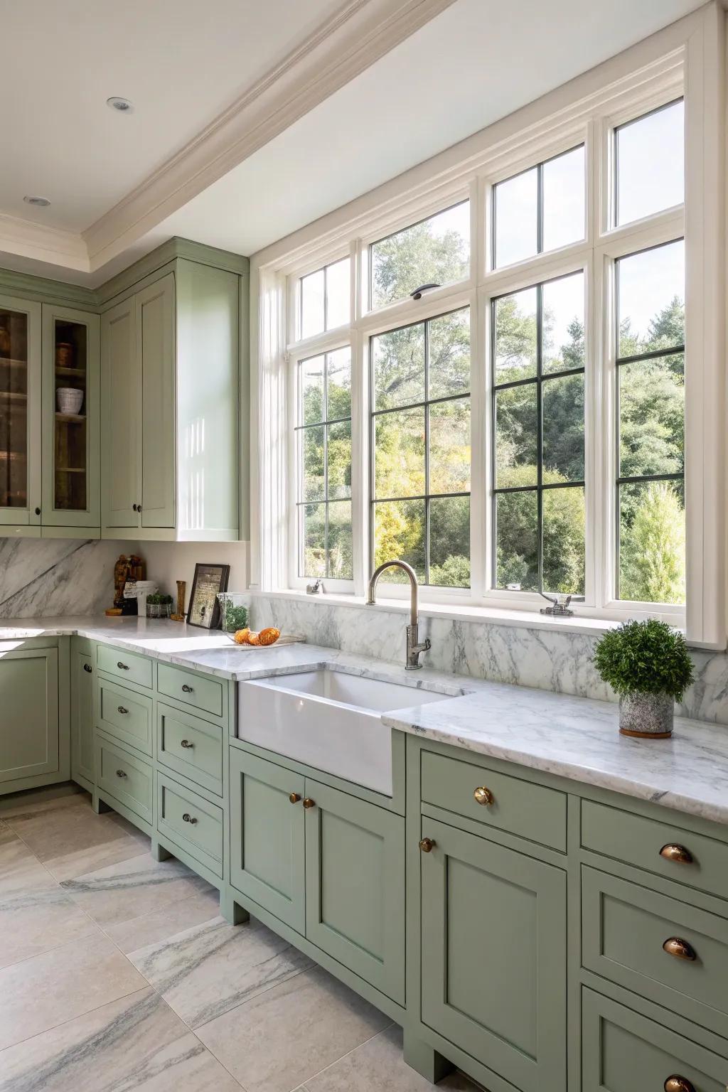 Herbaceous green cabinets present a serene and calming culinary setting.