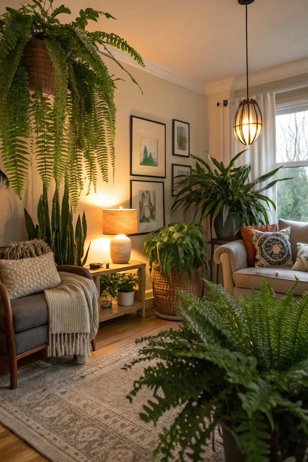 A delightful living room overflowing with various indoor plants, crafting a revitalizing ambiance.