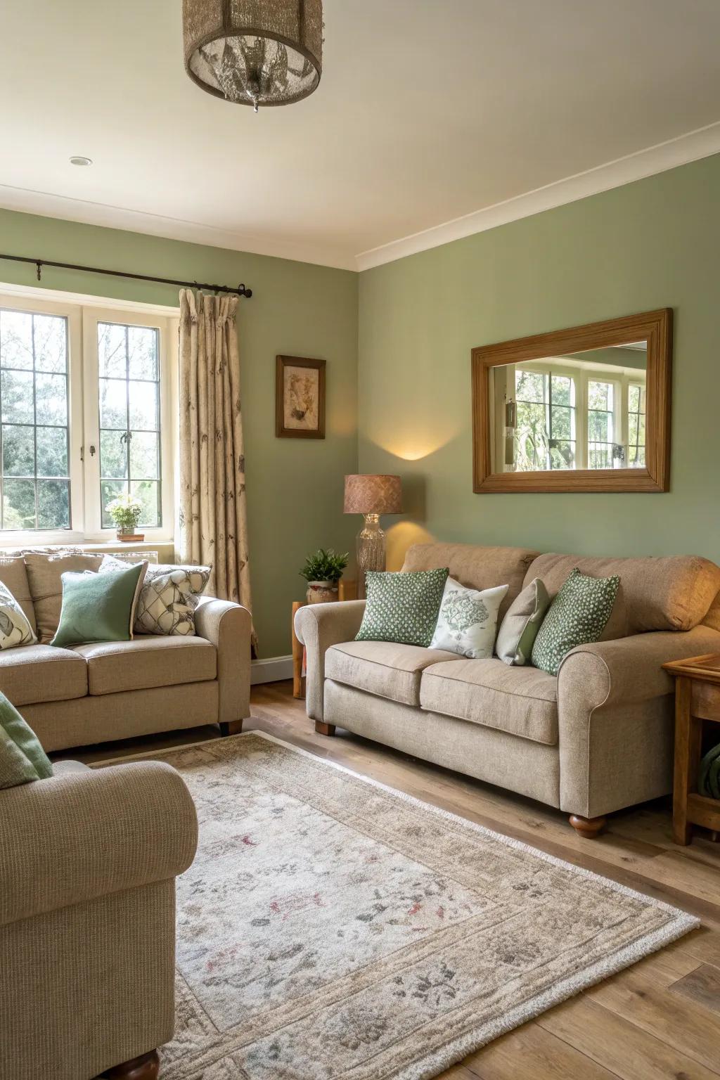 Gentle seafoam green walls provide a serene foundation in this inviting living room.