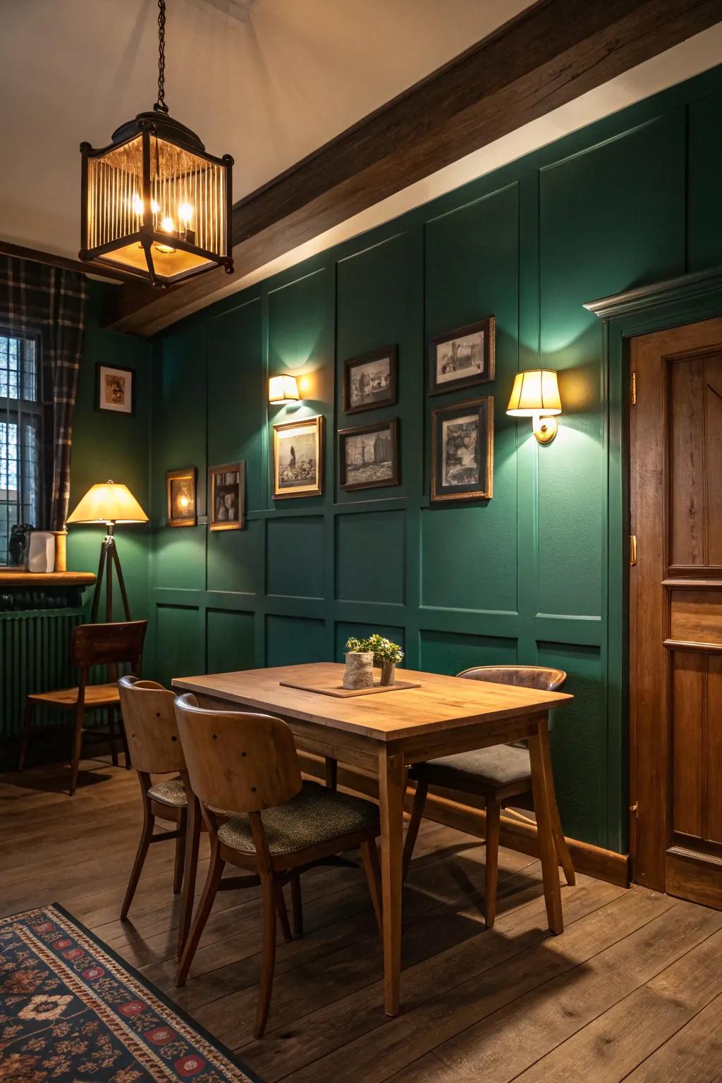 Deep green walls beautifully complemented by wooden furniture, creating a welcoming ambiance.