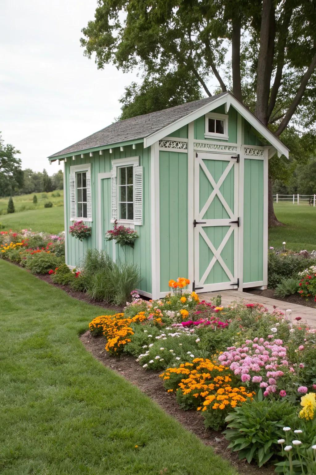 A shed in mint green brings a rejuvenating, spirited flair to a garden.