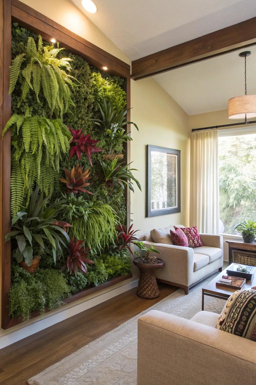 Upright garden boards fashion a spirited tapestry within this fashionable living space.