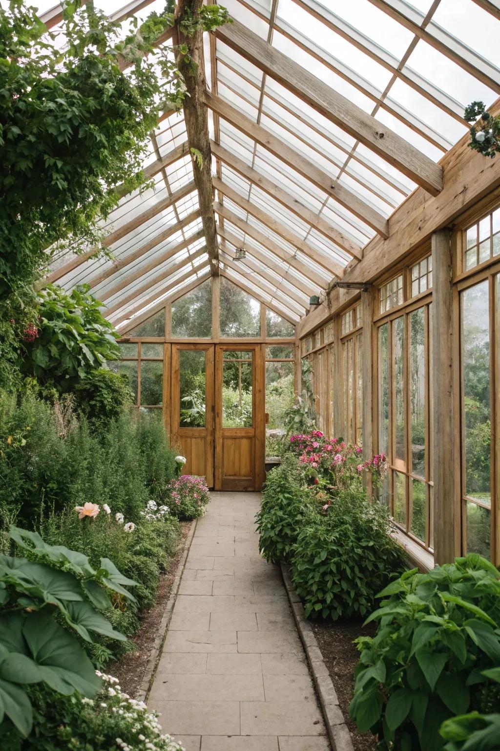 A timeless wood and glass greenhouse filled with an abundance of natural light.