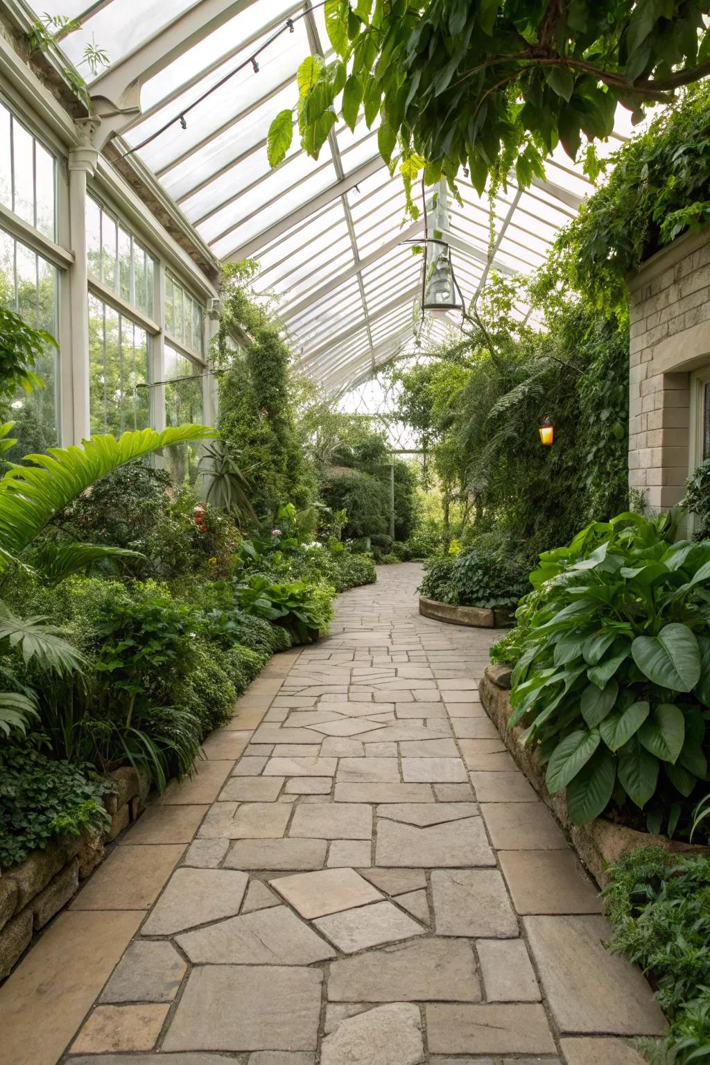Stone pavers fashion a delightful and reliable greenhouse base.
