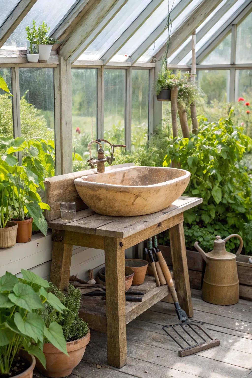 A quaint wood sink merges effortlessly with its greenhouse setting.