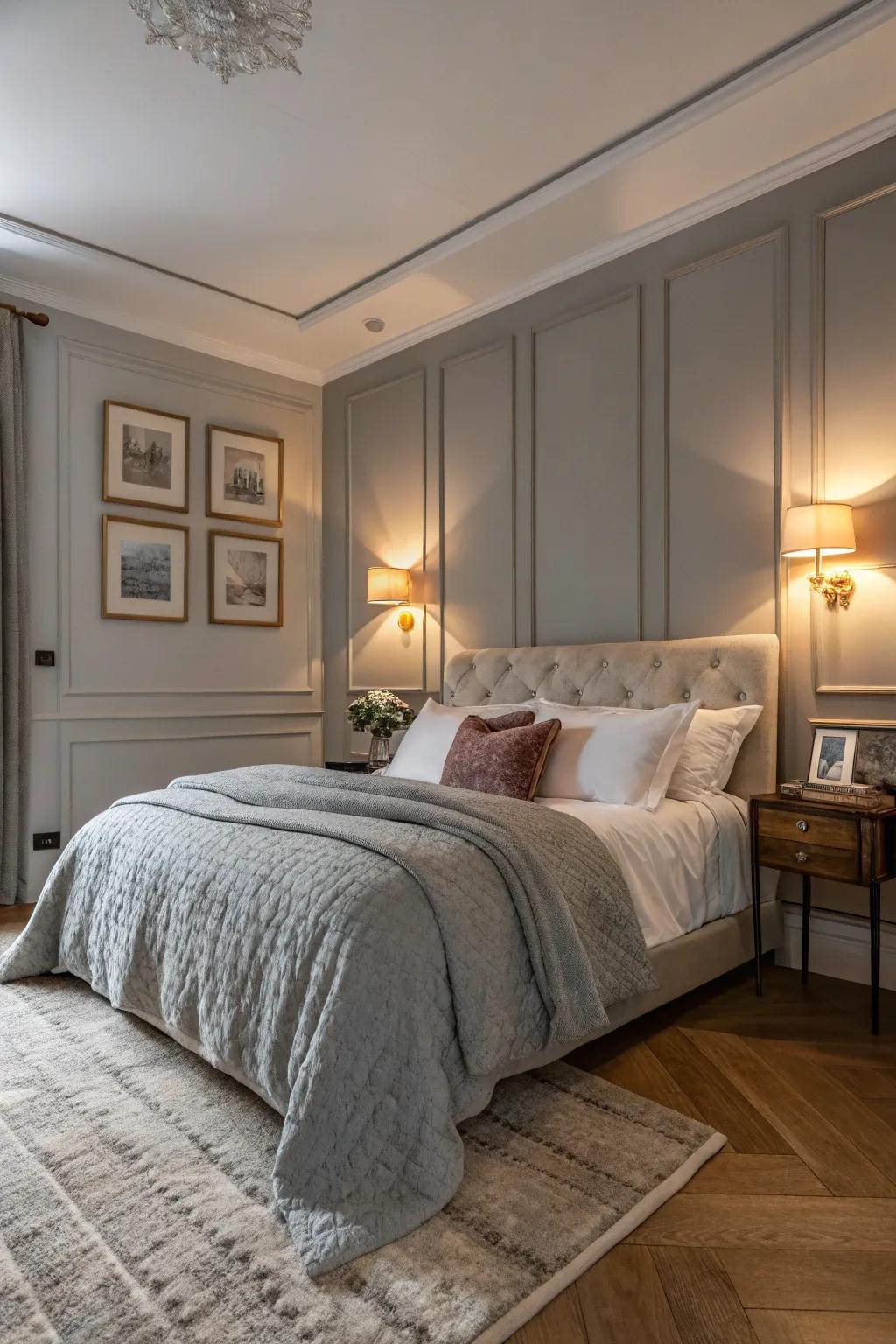 A comforting bedroom showcasing a gentle grey focal wall.