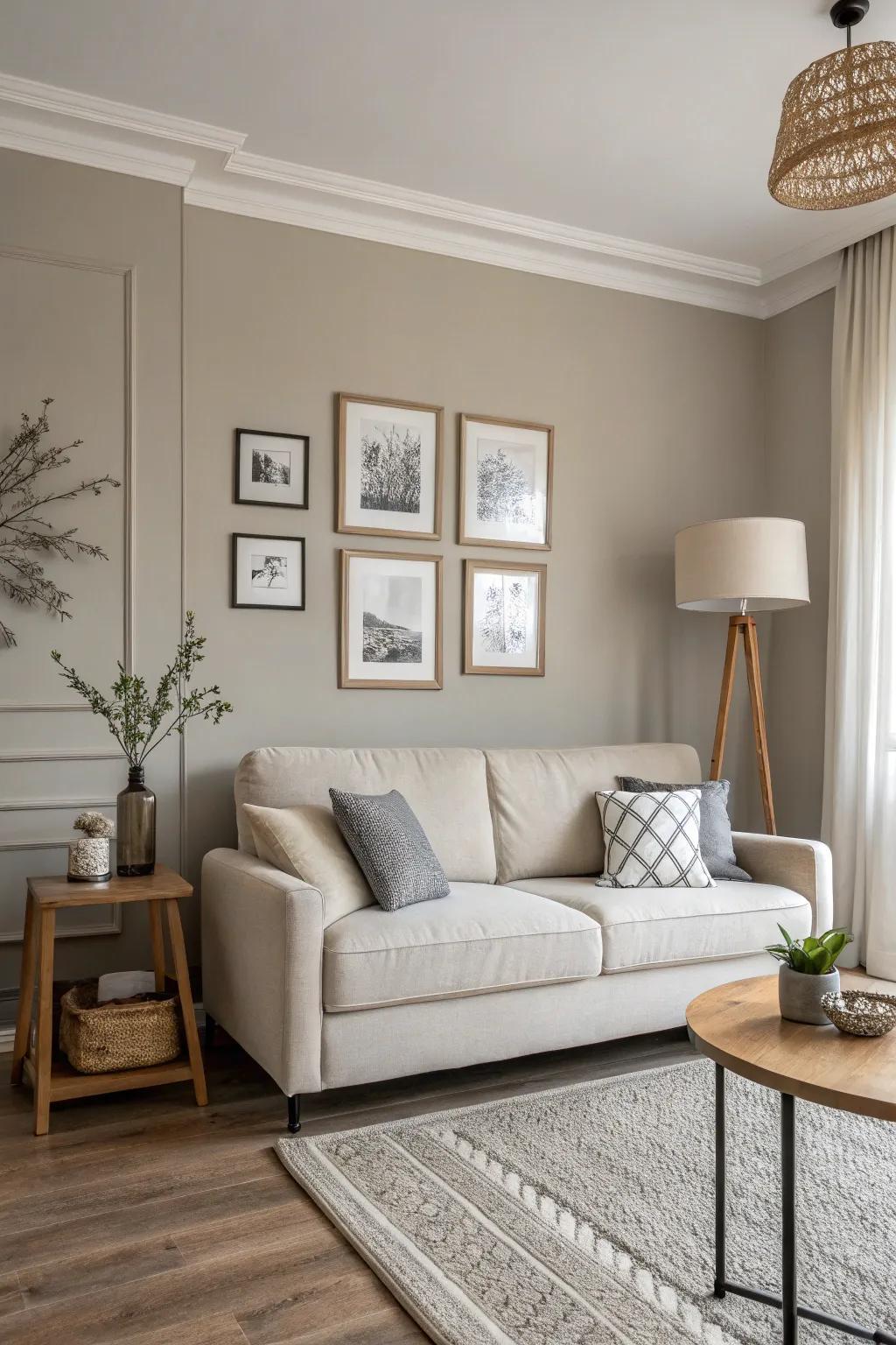 A living room that showcases a gentle grey accent wall to elevate the space.