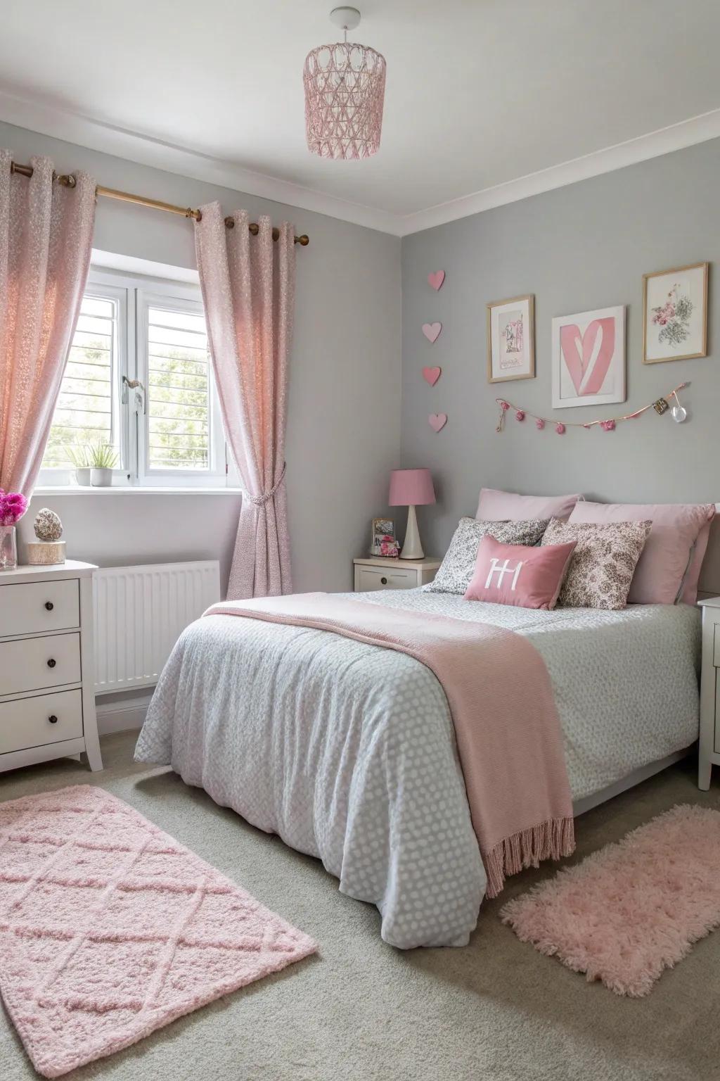 A muted grey serves as the quintessential starting point that lets splashes of pink burst forth.