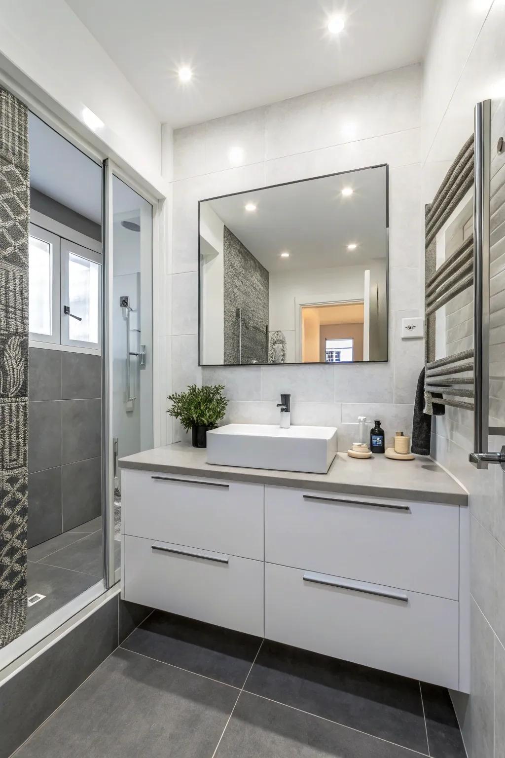 A classic white bathroom with grey accents for a sophisticated look.