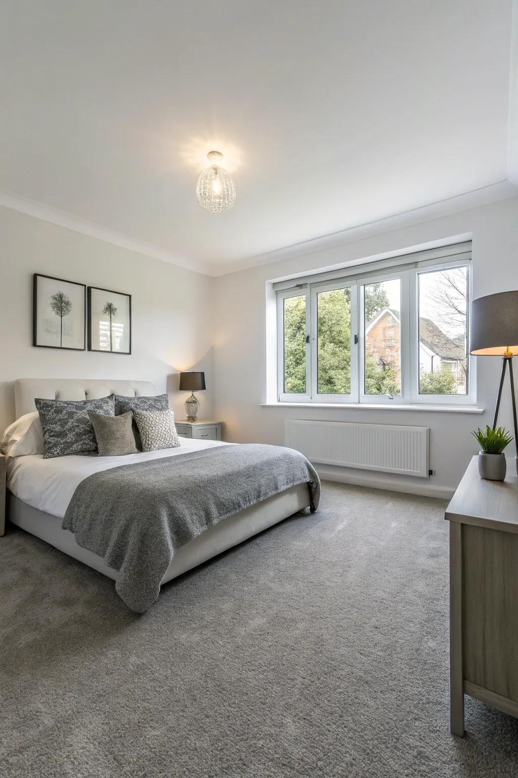 White walls and grey floor covering: An enduring combination.