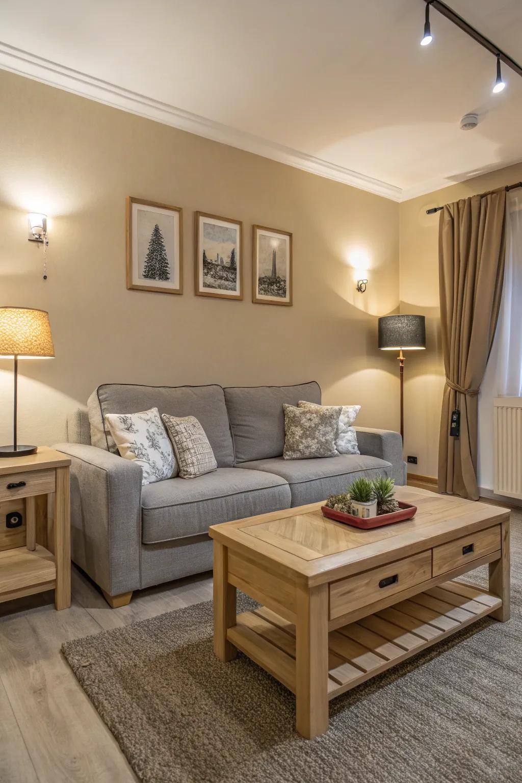 A soothing living space featuring a gray sofa and neutral shades.