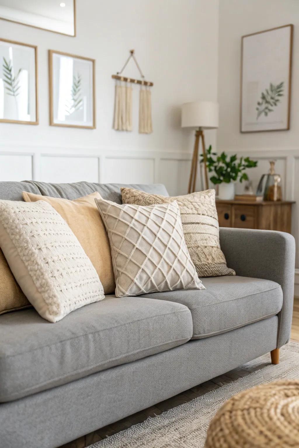 Neutral cushions fashion a stylish, peaceful space.