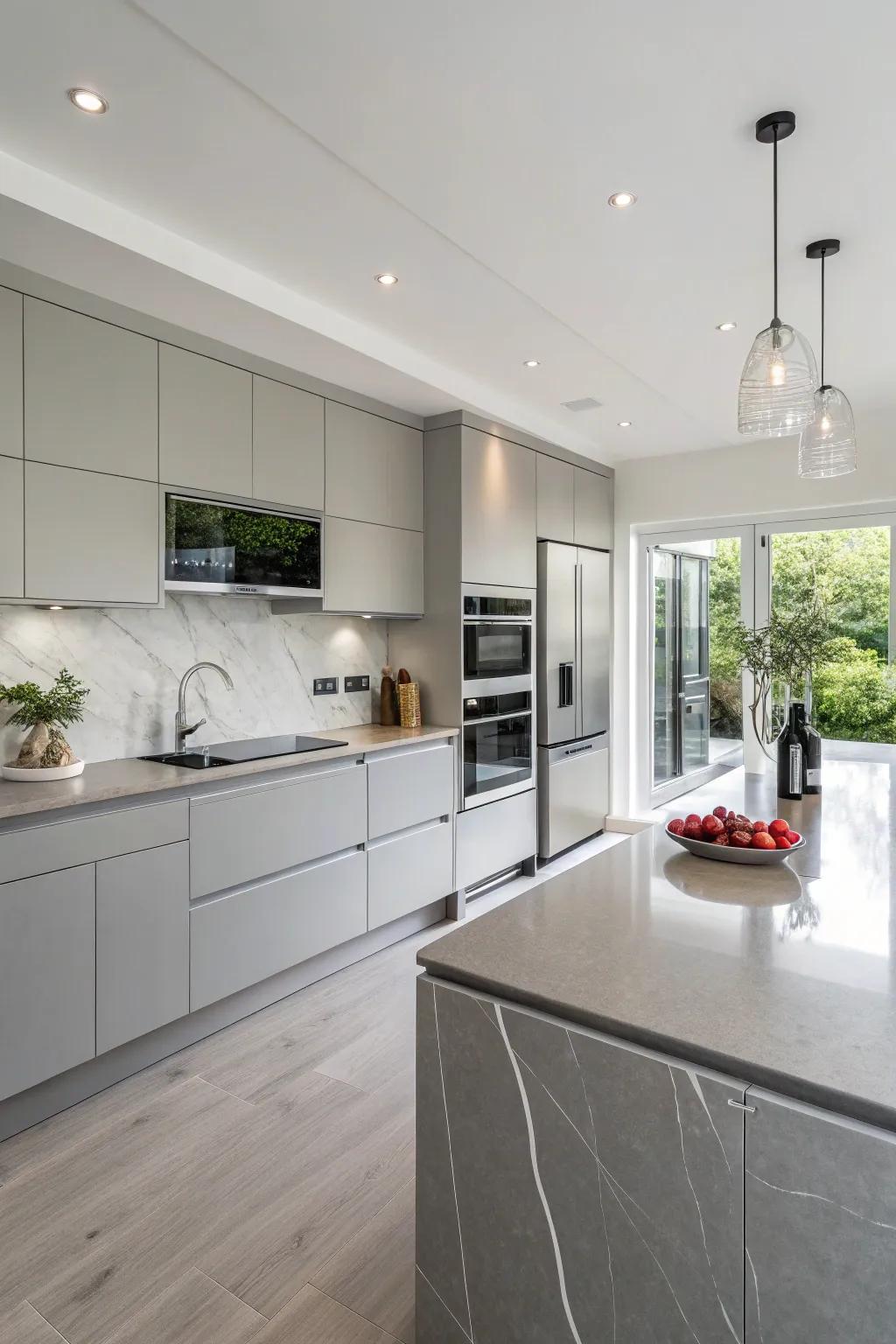 A modern kitchen beautifully appointed with refined grey artificial stone countertops.