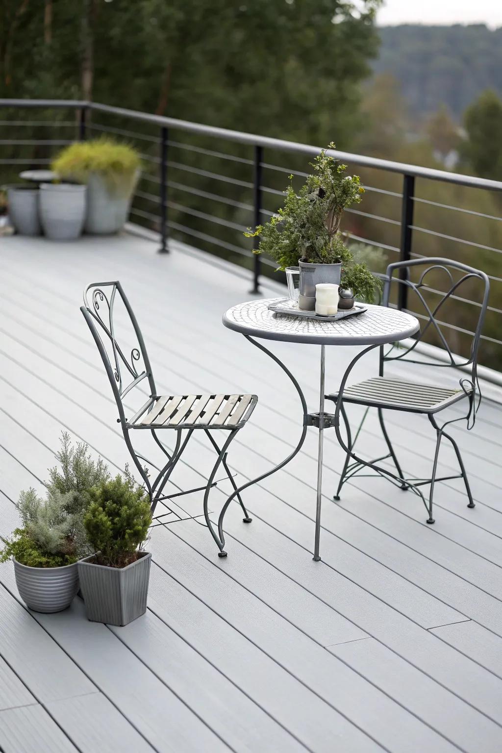 A minimalist grey deck enhanced by sleek furniture for a modern ambiance.