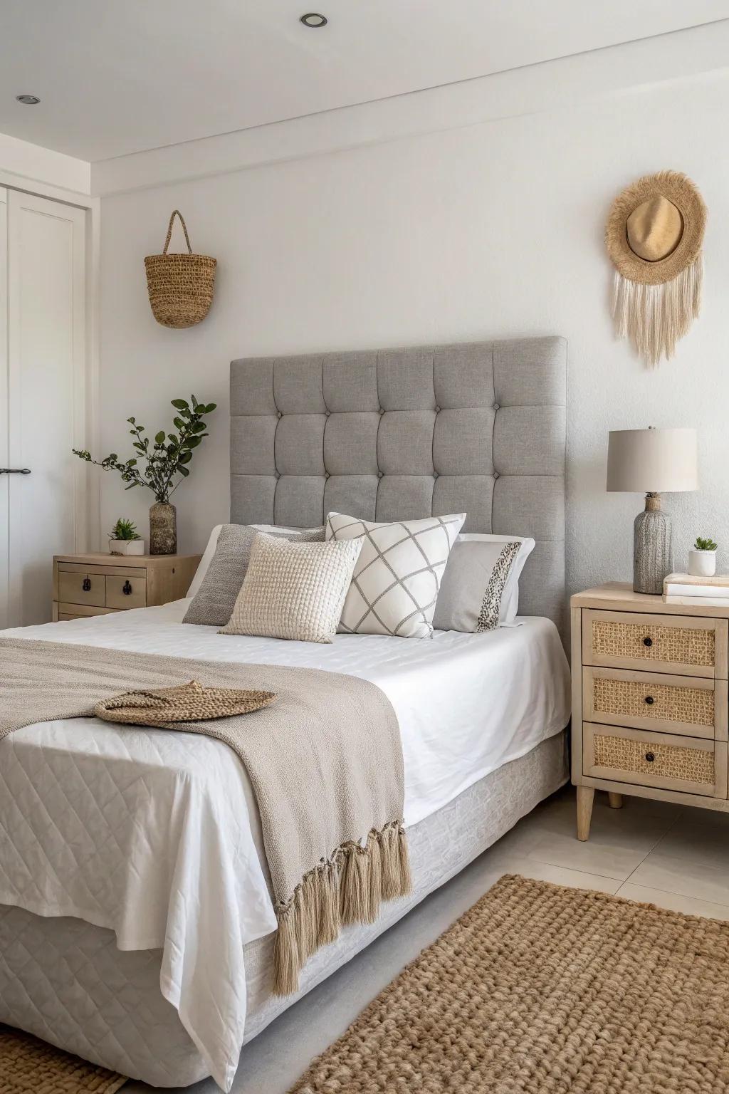 A simple bedroom features a grey headboard with gentle, pale decorations for a calming mood.