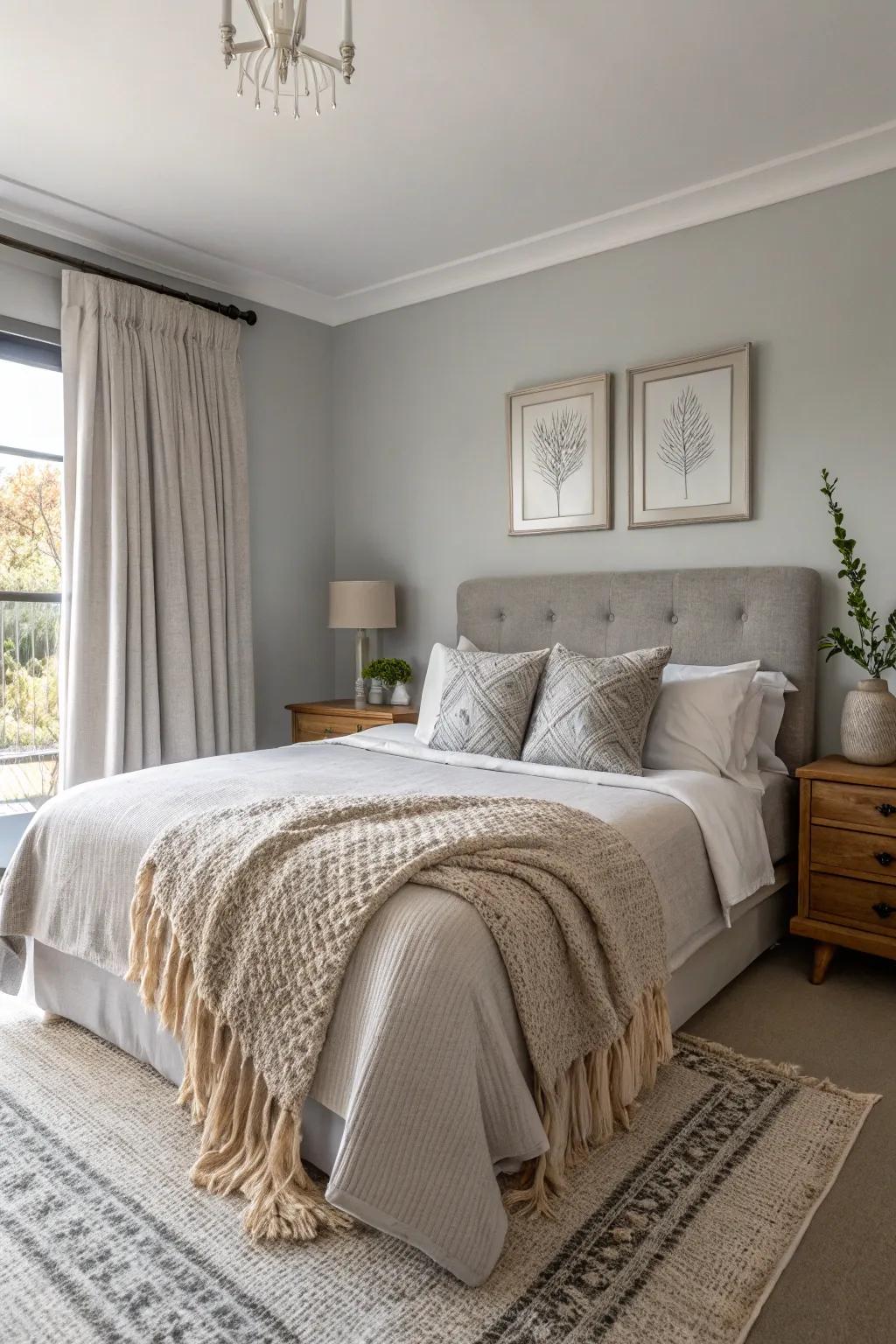 A soothing bedroom sanctuary featuring soft grey walls and comforting textures.