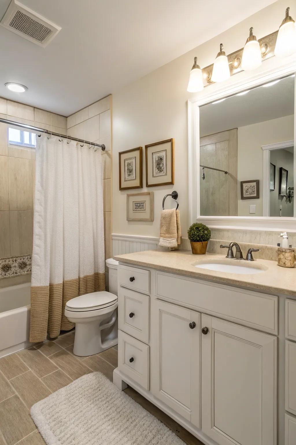 A calming selection of gentle shades crafts a serene and welcoming guest bathroom.