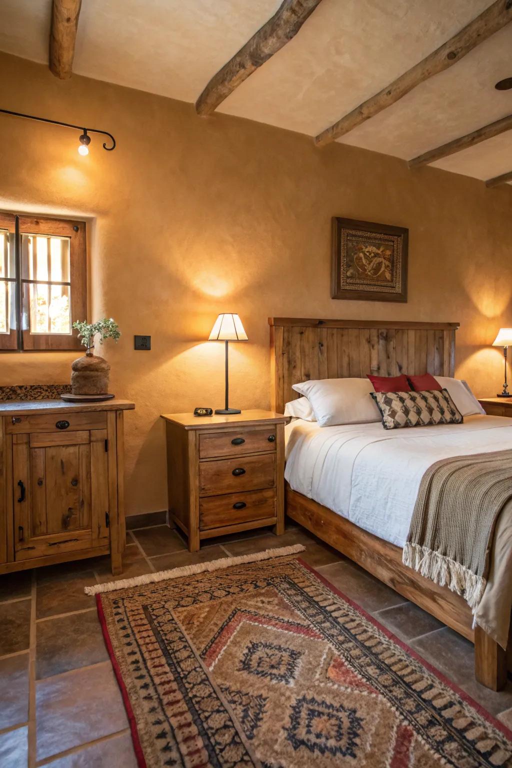 A guest room showcasing comforting earth tones that emanate coziness.