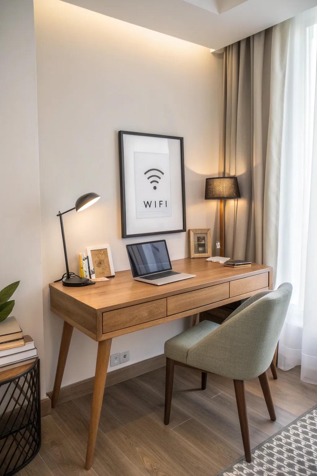 A framed WiFi notification harmoniously integrated into an inviting guest room ambiance.