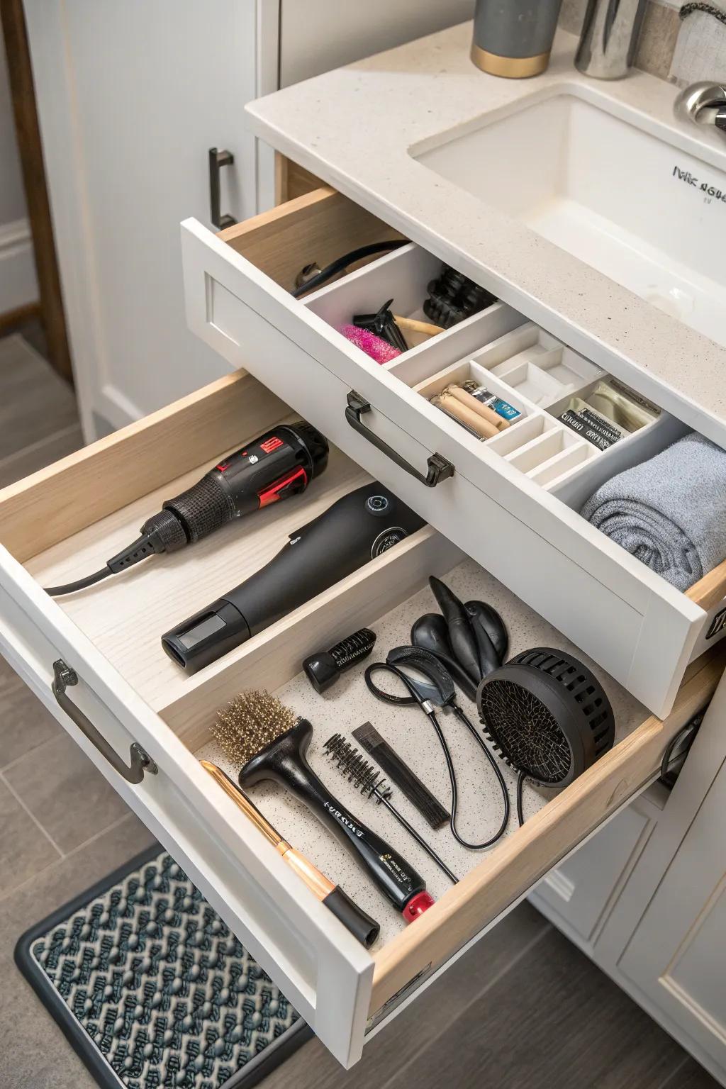 Clever use of under-sink storage, featuring dedicated spots for hair tools.