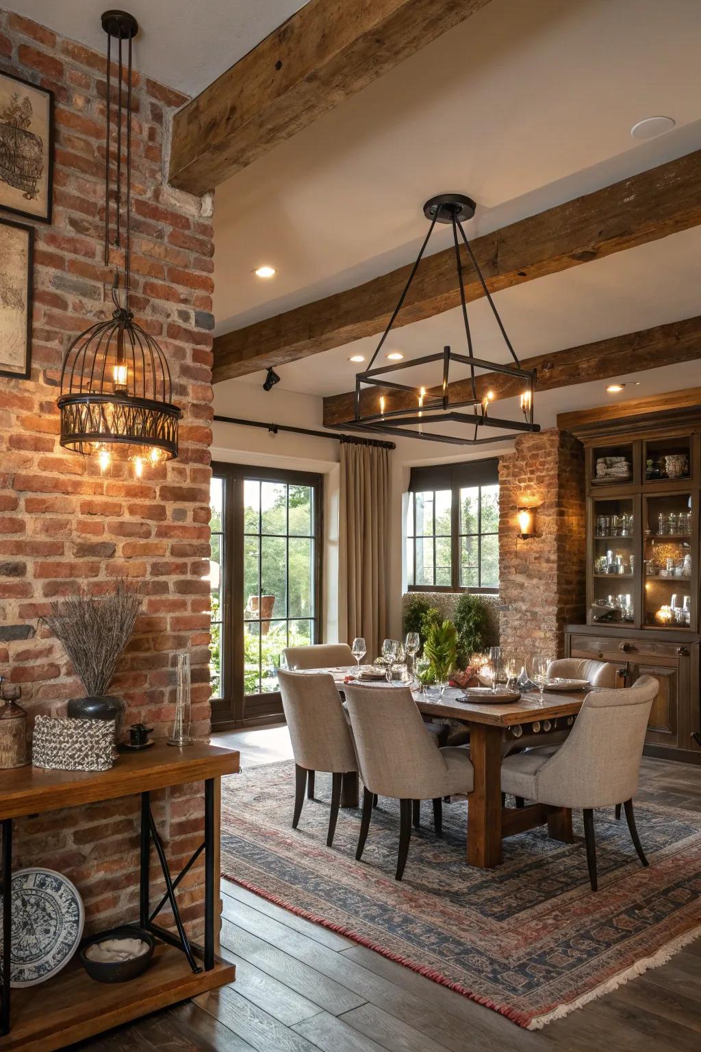 A homespun dining spot featuring a brick accent, ideal for intimate social gatherings.