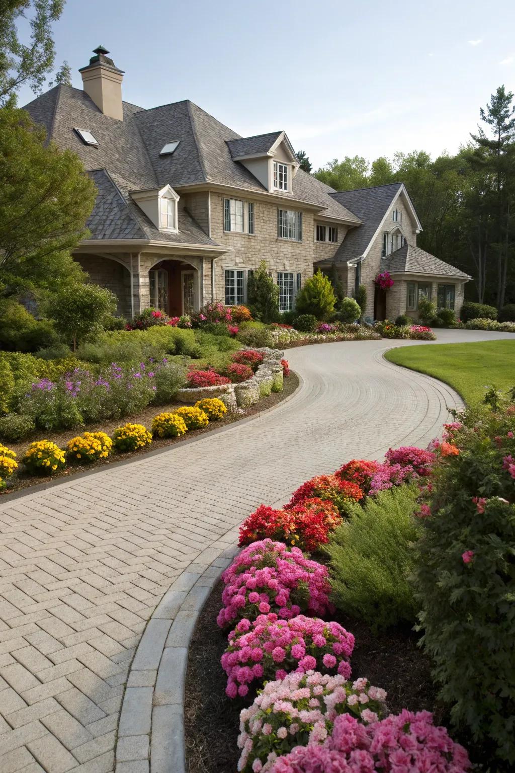 Symmetrical flower beds bring a balanced and inviting charm.