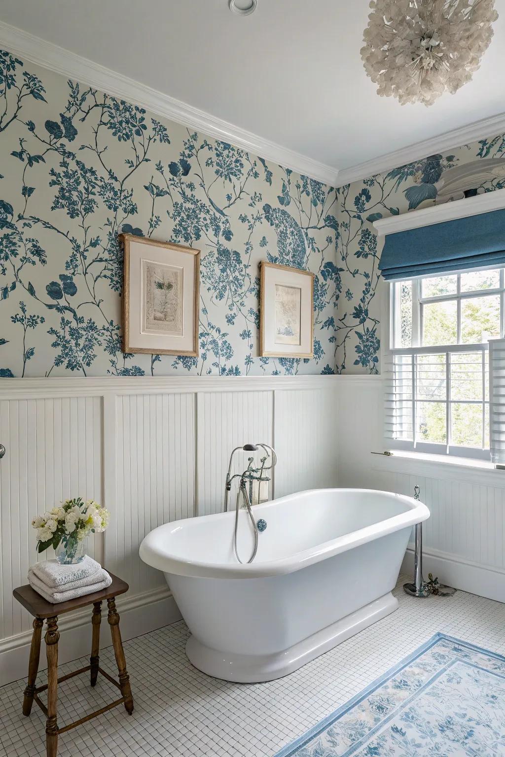 A serene bathroom featuring azure blooms wallcovering and pure white paint, creating a relaxing haven.