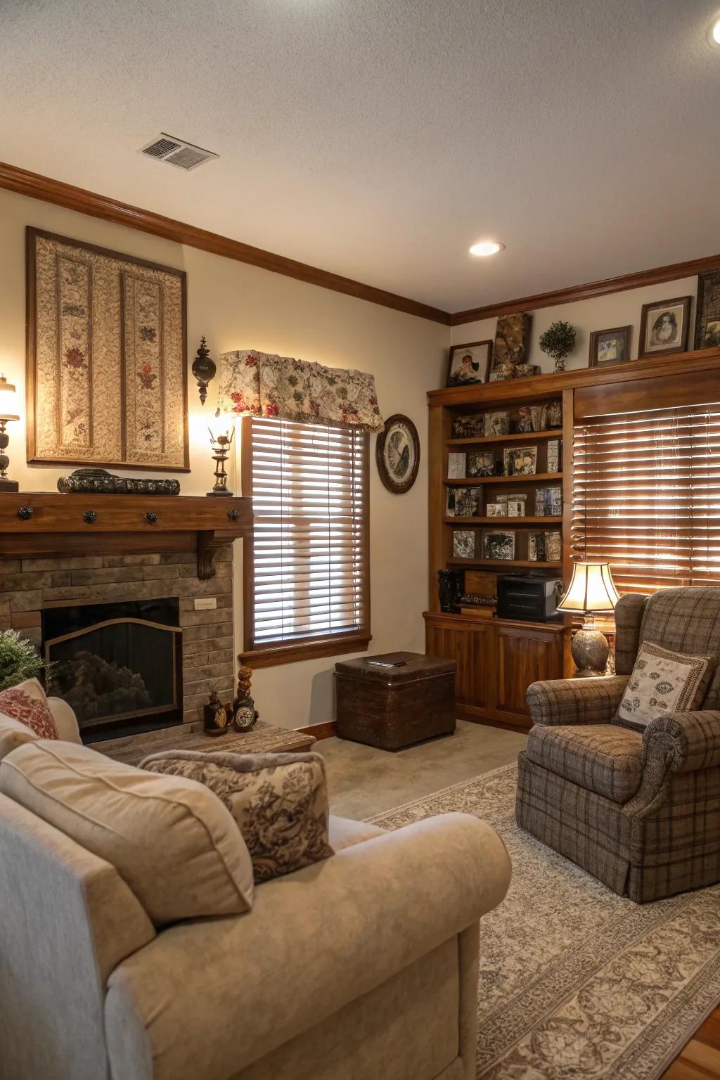A welcoming living room showcases timeless wood half blinds.